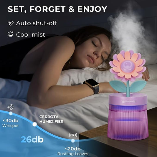 Cute Flower Mini Humidifier, Small Cool Mist Desk Humidifiers, Portable USB Personal Desktop Plant Humidifiers, Cooling for Home Office Car Travel Indoor Outdoor (260ml, Purple Sunflower)