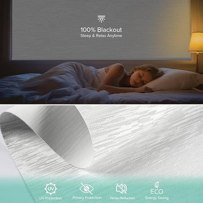 Motorized Roller Shades, 10O% Blackout Remote Control Custom Window Shades Compatible with Alexa Google Assistant via RF Hub, Rechargeable Electric Blinds for Windows (Texture White)