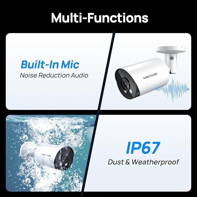 VIKYLIN 5MP Bullet PoE IP Camera Outdoor, 5MP Bullet Security Camera with Human Vehicle Detection, 2.8mm Lens, 98ft IR Night Vision, Built-in Mic, MicroSD 256GB,WDR, IP67, Blue Iris, NDAA Compliant