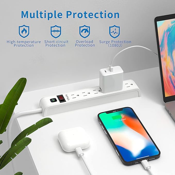 TiFFCOFiO Surge Protector Power Strip, 4 Feet Extension Cord, 600 Joules Surge Protection, Multiple Protection 6 Outlet Strip, 14 AWG Cord, 15A/1875W, ETL Listed, 2 Packs