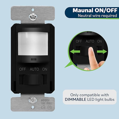 TOPGREENER in Wall PIR Motion Sensor Light Switch, Occupancy Sensor Switch, 𝐍𝐞𝐮𝐭𝐫𝐚𝐥 𝐖𝐢𝐫𝐞 𝐑𝐞𝐪𝐮𝐢𝐫𝐞𝐝, On/Off Override, 𝐒𝐢𝐧𝐠𝐥𝐞 𝐏𝐨𝐥𝐞, 4A, 500W, TSOS5-BKWP,Black