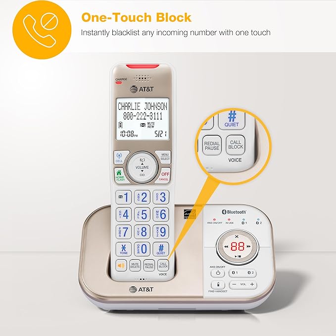 AT&T BL3112-4 Cordless Phone for Home - 4 Handsets, DECT 6.0, Bluetooth Cell Connect, Answering Machine, Smart Call Blocker, Caller ID, Intercom, Expandable