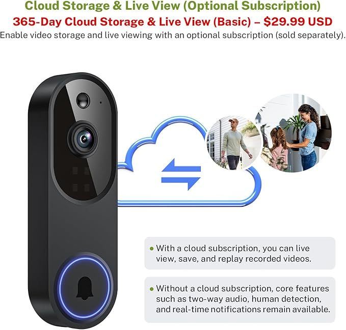 Lunelyx 1080P Wireless Video Doorbell Camera, Outdoor Surveillance Cameras, FHD Live View, Cloud Storage, AI Human Detection, Instant Alert, Night Vision, Two Way Audio, 2.4G WiFi Only