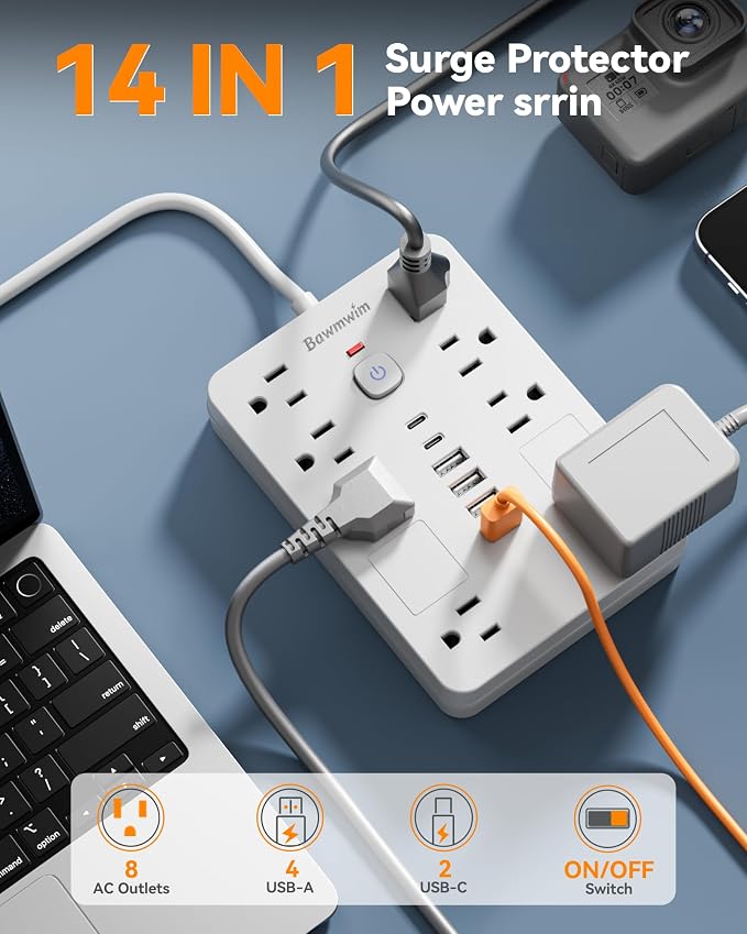 Surge Protector Power Strip - 8 Outlets(1850W/15A/14AWG) with 6 USB Ports（2 USB C, 6FT Flat Plug Extension Cord, Wall Mount Multi Plug Outlet Extender, ETL Listed for Home, Dorm Room, White