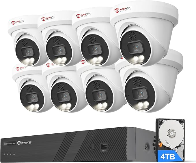 Anpviz 16 Channel NVR PoE Security Camera System with Two Way Audio, AI Human Vehicle Detection, 8x 4K 8MP Wired IP Turret Cameras Outdoor, 16CH 12MP PoE NVR with 4TB HDD, CCTV for Business Home, NDAA