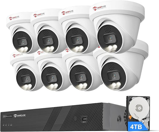 Anpviz 16 Channel NVR PoE Security Camera System with Two Way Audio, AI Human Vehicle Detection, 8x 4K 8MP Wired IP Turret Cameras Outdoor, 16CH 12MP PoE NVR with 4TB HDD, CCTV for Business Home, NDAA