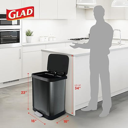 Glad 13-Gallon Stainless Steel Step Trash Can with Clorox Odor Protection, Soft Close Lid, Foot Pedal & Waste Bag Holder – Large Indoor Metal Garbage Bin for Kitchen, Home & Office Use