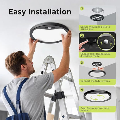 hepside Motion Sensor Ceiling Light Wired, 3000K/4000K/6500K LED Flush Mount Ceiling Light Fixture, 12Inch 24W Motion Sensor Light with Timer for Closet Stair Porch Hallway Pantry,Black