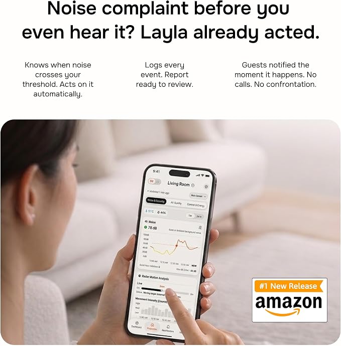 Layla Noise Monitoring Device for Airbnb, Rental, Office & Home | Noise & Occupancy Sensor with Radar-Based Motion Detection | Privacy-Safe Security Monitor | No Subscription
