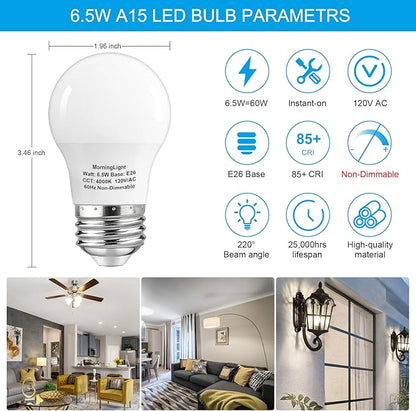 MorningLight 6 Pack A15 LED Bulbs 60 Watt Equivalent, Neutral White 4000K, E26 Base, Non-Dimmable, 6.5W 600 Lumens Bulb, A15 6.5W LED Light Bulbs for Ceiling Fan, Wall sconces, 25000+ Hours Lifespan