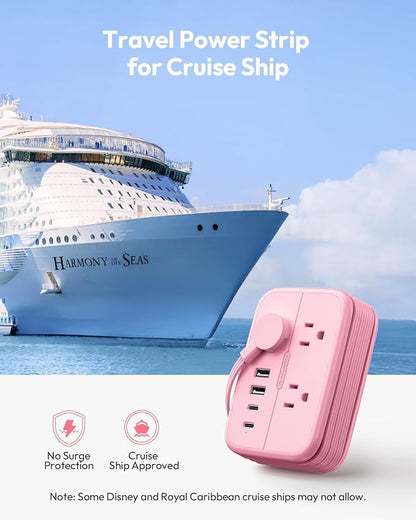 NTONPOWER Pink Extension Cord, Travel Power Strip, 6 Outlets 4 USB Ports(2 USB C), 4ft Extension Cord Wrapped Around Small Power Strip, Compact for Travel, Hotel, Cruise Approved, White