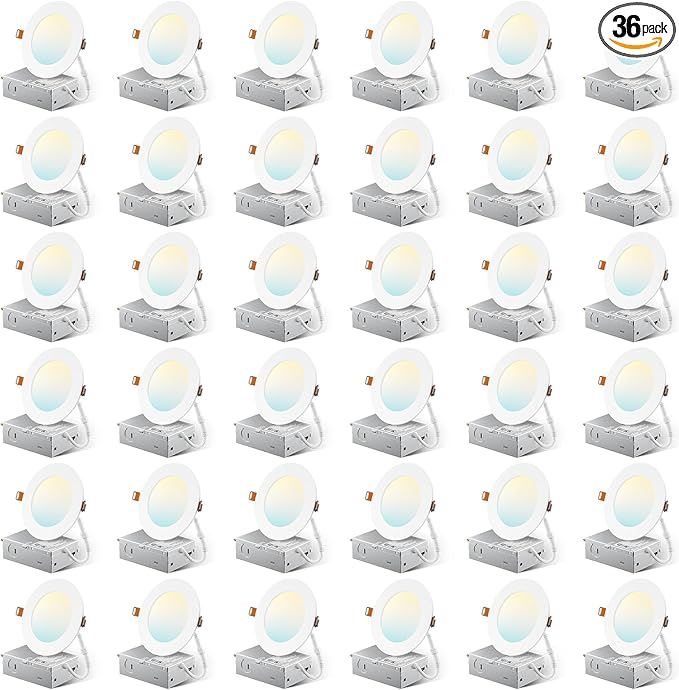 Amico 36 Pack 4 Inch 5CCT Ultra-Thin LED Recessed Ceiling Light with Metal Junction Box, 2700K/-5000K Selectable, 10W Eqv 60W, 800 LM, Dimmable High Brightness Downlight - ETL&FCC