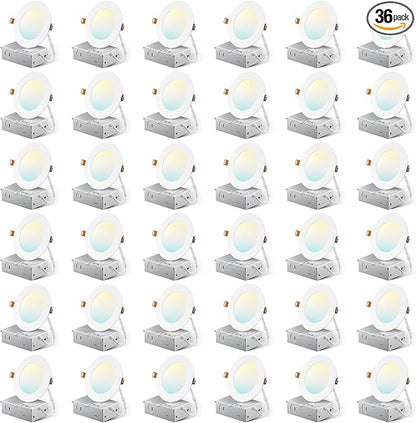 Amico 36 Pack 4 Inch 5CCT Ultra-Thin LED Recessed Ceiling Light with Metal Junction Box, 2700K/-5000K Selectable, 10W Eqv 60W, 800 LM, Dimmable High Brightness Downlight - ETL&FCC