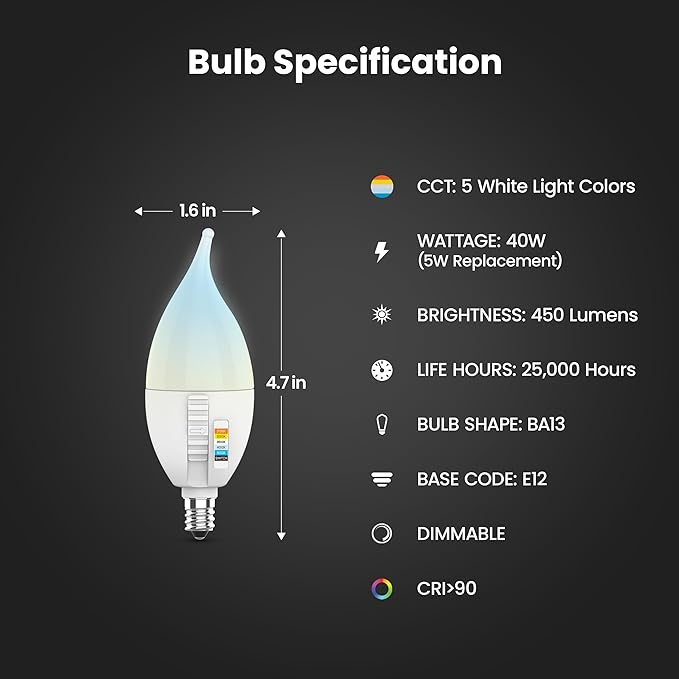 Feit Electric CA10 LED Candle Bulb Flame Tip, 40W Equivalent, Dimmable, Color Selectable 6-Way, 5CCT, E12 Candelabra Base, 90 CRI, 450 Lumens, Chandelier Bulb, 22-Year Life, CFF40/6WYCA/2, 2 Pack