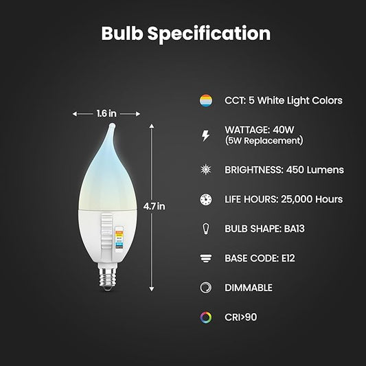 Feit Electric CA10 LED Candle Bulb Flame Tip, 40W Equivalent, Dimmable, Color Selectable 6-Way, 5CCT, E12 Candelabra Base, 90 CRI, 450 Lumens, Chandelier Bulb, 22-Year Life, CFF40/6WYCA/2, 2 Pack
