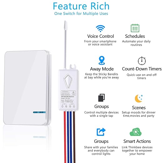 Nineleaf Smart WiFi Light Switch Kit, Mini Smart Light Switch, Compatible with Alexa, Google Assistant and IFTTT, Tuya/Smart Life APP, No Hub Required, Ceiling LED Lamp,IP66 Waterproof,10A 1000W