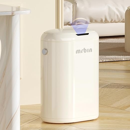 MRBIN Automatic Adsorption Metal Trash Can for Bathroom, Touchless Garbage Bin with Lid, 4.8 Gallon Slim Trash Can for Office and Bedroom, Kitchen Electric Motion Sensor Waste Basket, Cream White