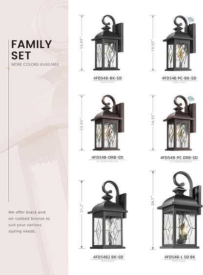 FEMILA Dusk to Dawn Outdoor Front Porch Light, 15" Exterior Waterproof Wall Light Fixtures, Matte Black Finish with Hammered Glass, E26 Socket, 4FD54B-PC BK-SD