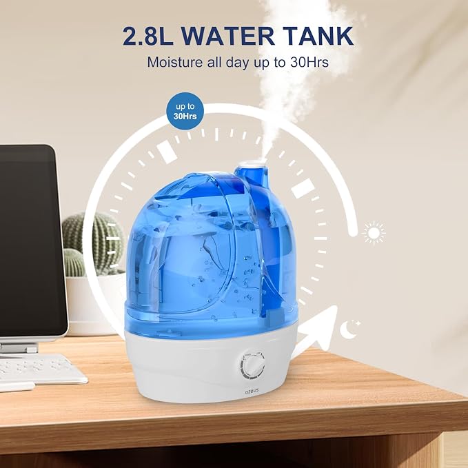 Azeus 2.8L Large Capacity Ultrasonic Cool Mist Humidifier - Powerful Moisture Control for Comfortable Spaces, Lasts up to 30 Hours, Auto Shut-Off (BPA-Free)