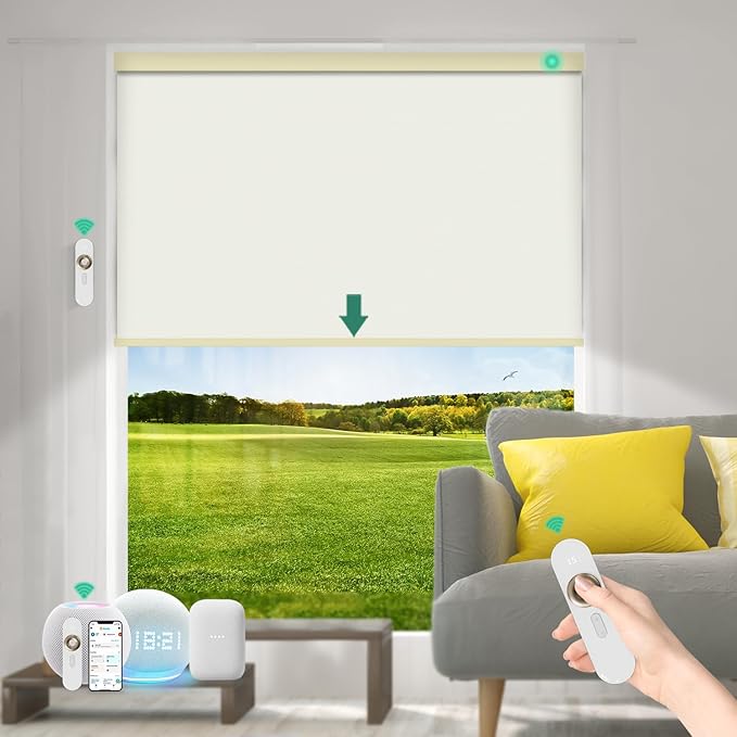Motorized Blinds with Remote [100% Blackout & Silent Motor] Smart Blinds Compatible with Alexa Google HomeKit, Electric Roller Shades for Indoor Windows, Customized Size, Crossweave White