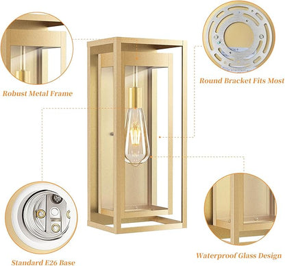 19" Gold Outdoor Light Fixture, 2 Pack Large Size Outdoor Sconce Lights with Clear Glass Shade, Waterproof Porch Lighting Exterior Light Fixture for Front Door, Garage