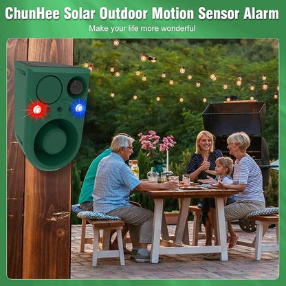 ChunHee Solar Outdoor Motion Sensor Alarm with 3Volume Control & Voice Recording, 129dB Loud Dog Barking Alarm with Red & Blue Strobe Light Noise Maker 4Work Modes for Chicken coop, Garden, Farm, Home