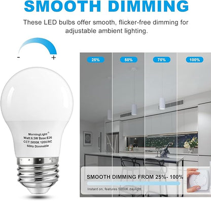 MorningLight A15 Ceiling Fan Light Bulb 60 Watt Equivalent, 6.5W Dimmable LED Light Bulbs, 5000K Daylight, E26 Base, 4 Pack A15 6.5W LED Light Bulbs 60W for Pendant, Hallway Fixtures, 600LM