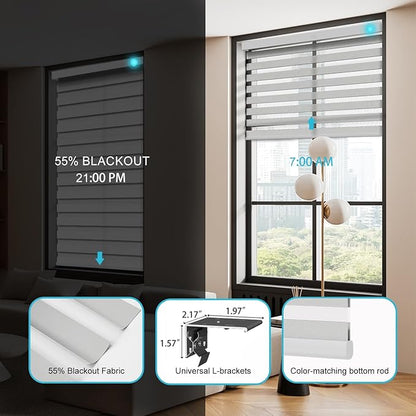 Motorized Zebra Blinds with Remote, Work with HomeKit Alexa, Smart Light Filtering Horizontal Automatic Electric Window Shades for Home Office Customsize(55% Blackout Grey)