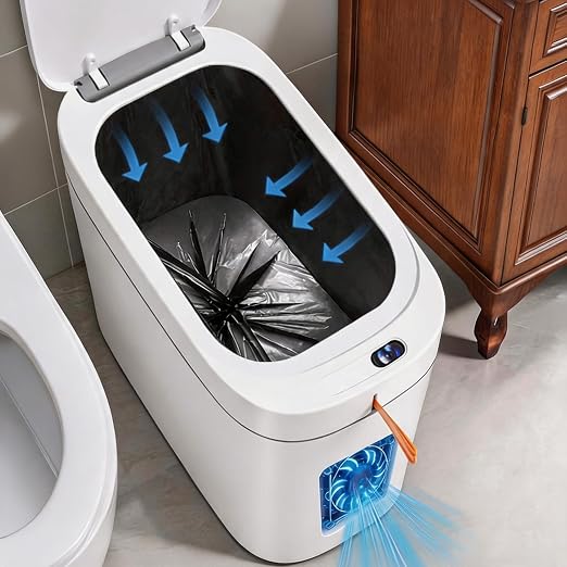 3.5 Gallon Automatic Bathroom Trash Can with Lid, Small Slim Smart Motion Sensor Garbage Bin with Auto Bag Suction & One-Pull Self Sealing, Touchless Waste Basket for Bedroom, Office, Kitchen, Rv