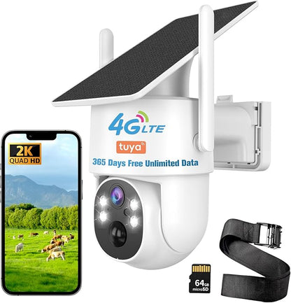 4G LTE Cellular Security Camera Outdoor,365 Days Free Unlimited Data,No WiFi Security Camera Solar Powered,360°Viewing,2K Color Night Vision,Tuya Smart Camera,PIR Motion Sensor,64GB Storage