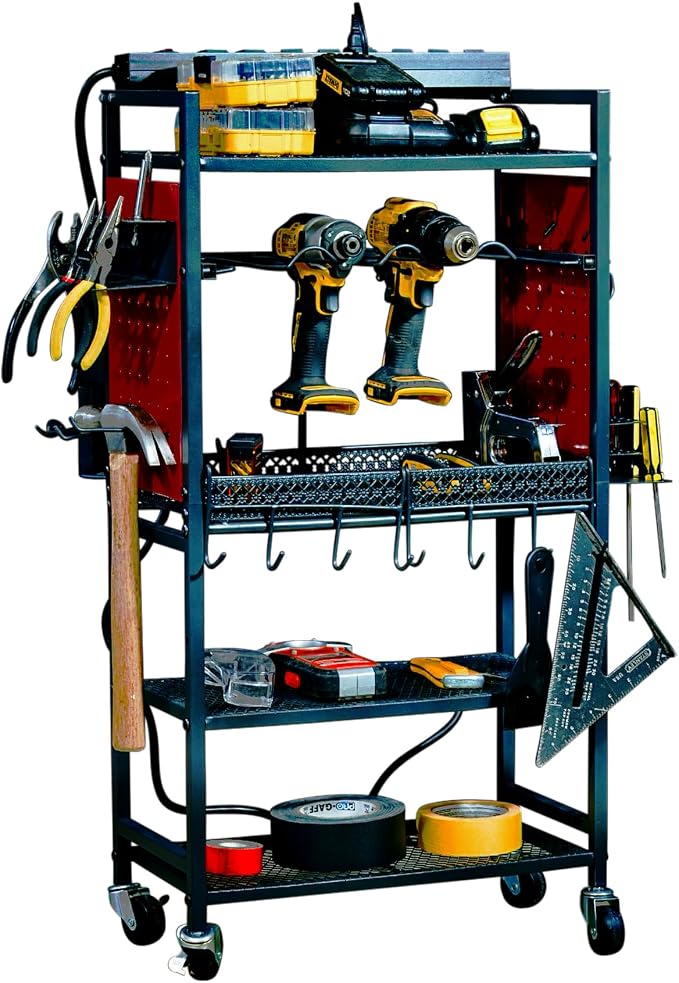 Pearington Power Tool Cart with Battery Charging Station, 8 Outlet Power Strip, Garage Mobile Workbench for Mechanic, Workshop