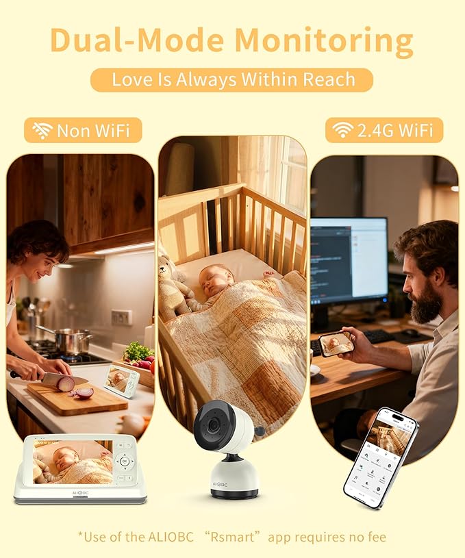 ALIOBC Smart Baby Monitor with Camera and Audio WiFi & No-WiFi Modes AI Cry Detection Night Vision 1080p FHD Camera and 5" Large Screen Two-Way Talk 1000ft Range Smart Alert Easy Setup for New Parents