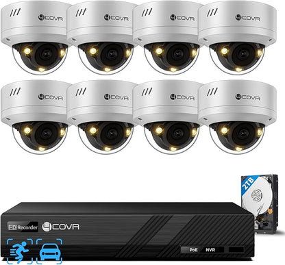 4COVR PoE Security Camera System 5MP, 8CH NVR & 2TB HDD, 8X IK10 Dome IP Cameras IP67 Outdoor, Smart Color Night Vision, Two-Way Audio, Person/Vehicle Detection, 24/7 Home & Businesses, LY54FA5M0808
