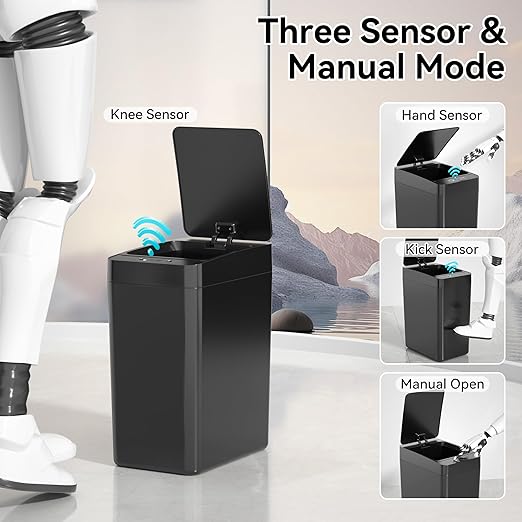 kaylowe Automatic Bathroom Trash Can Touchless 2.6 Gallon Garbage Cans with Lid Small Slim Motion Sensor Smart Trash Bin for Kitchen, Bedroom, Office, Living Room, Black