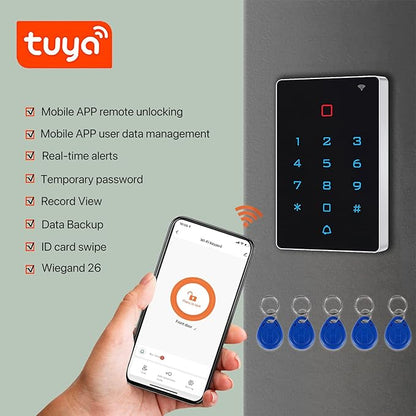 Wireless WiFi Access Control Keypad, Backlight Door Access Control System + 5PCS ID Keychains, Wiegand 26, Password Keypad for House Apartment, TUYA Wireless Entry Security Access Controller