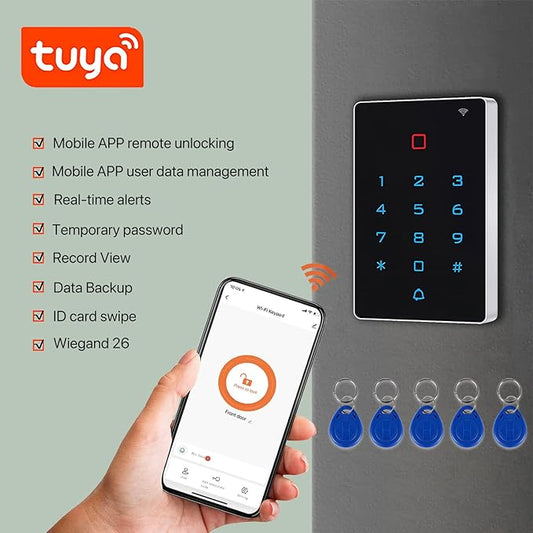 Wireless WiFi Access Control Keypad, Backlight Door Access Control System + 5PCS ID Keychains, Wiegand 26, Password Keypad for House Apartment, TUYA Wireless Entry Security Access Controller