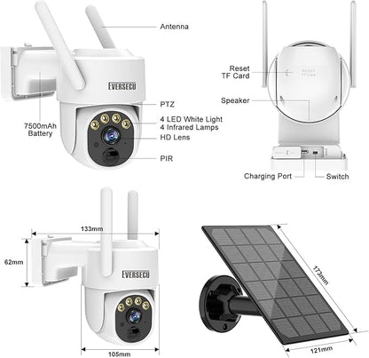 EVERSECU 2K Outdoor-Solar Security Camera Wireless with PTZ 360° View, Smart Siren, Spotlights, Color Night Vision, AI Human Detection, 2-Way Talk, Compatible with Alexa, Cloud/SD Card Storage