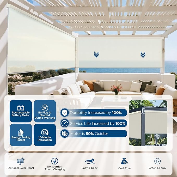 Motorized Outdoor Shades, Custom Patio Roller Blinds with Remote, Smart Exterior Sun Shades Compatible with Alexa, HomeKit, Google Home (3% Openness Beige)