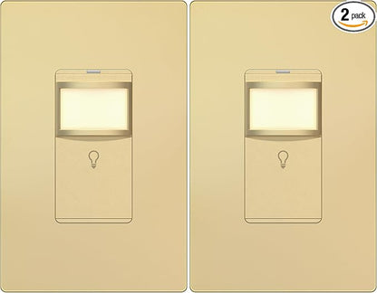 LIDER PIR Motion Sensor Switch, LED, No Ground Required, Matte Gold, 2-Pack | 1200 Sq. Ft. Coverage, Neutral Required, Adjustable Time Delay, Screwless Wall Plate Included, UL Listed, Guide Light