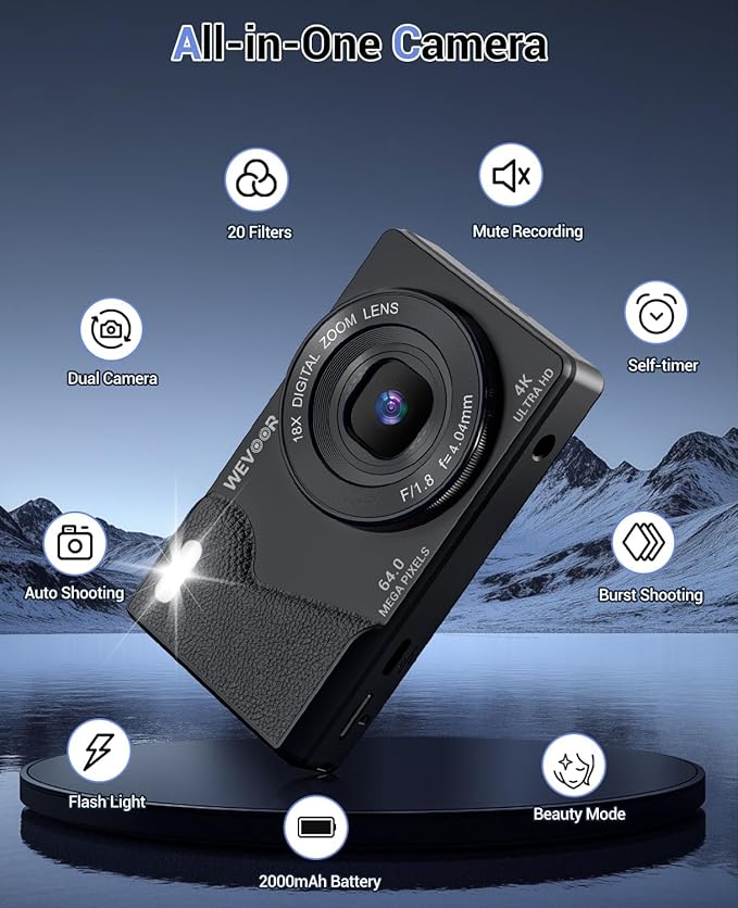 4K Digital Camera for Photography- 64MP Autofocus Vlogging Camera with Dual Lens, 18X Digital Zoom- Small Point and Shoot Camera with Card and 2000mAh for YouTube, Travel, Beginners (Black)