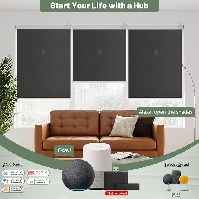 Motorized Blinds with Remote, Blackout No Drill Cordless Smart Roller Shades, Automatic Blinds for Windows, Black,30" W x 72" H