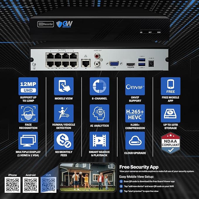 GW Security 8 Channel 4K NVR 5MP H.265 IP Surveillance Security Camera System with 8-Piece Super HD 1920P Weatherproof Video & Audio PoE Security Dome Cameras, AI Human Detection