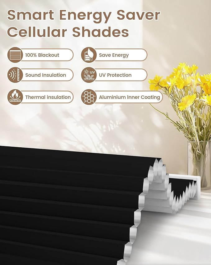 Kincmo Motorized Cellular Shades, Custom Motorized Blinds with Remote, Cordless Smart Electric Honeycomb Blinds Work with Apple HomeKit, Alexa, Google (100%-Blackout-Single-Cell Black)