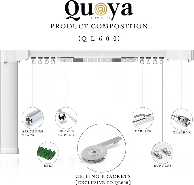 Quoya QL600 Motorized Smart Electric Curtain Track with Remote – Hidden Brackets, Automatic Curtain Opener, Compatible with Alexa, Google Home & Siri – App & Voice Control – up to 9.8 ft / 118 in