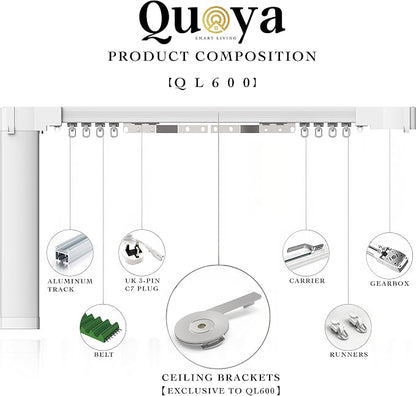 Quoya QL600 Motorized Smart Electric Curtain Track with Remote – Hidden Brackets, Automatic Curtain Opener, Compatible with Alexa, Google Home & Siri – App & Voice Control – up to 9.8 ft / 118 in