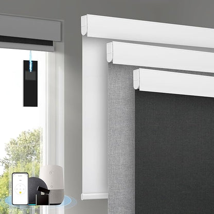 Motorized Blinds with Remote, [Free Solar Panels] Cordless Smart Blinds with Valance Cover, Blackout Electric Blinds with Remote Control, Automatic Roller Shades for Windows Light Black 35" W x 72" H