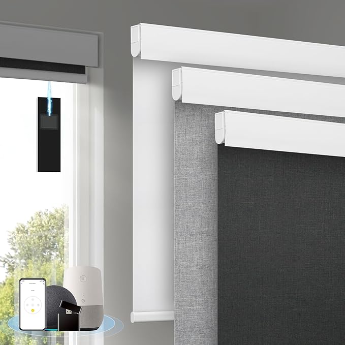 Motorized Blinds with Remote, [Free Solar Panels] Cordless Smart Blinds with Valance Cover, Blackout Electric Blinds with Remote Control, Automatic Roller Shades for Windows Light Black 31" W x 72" H