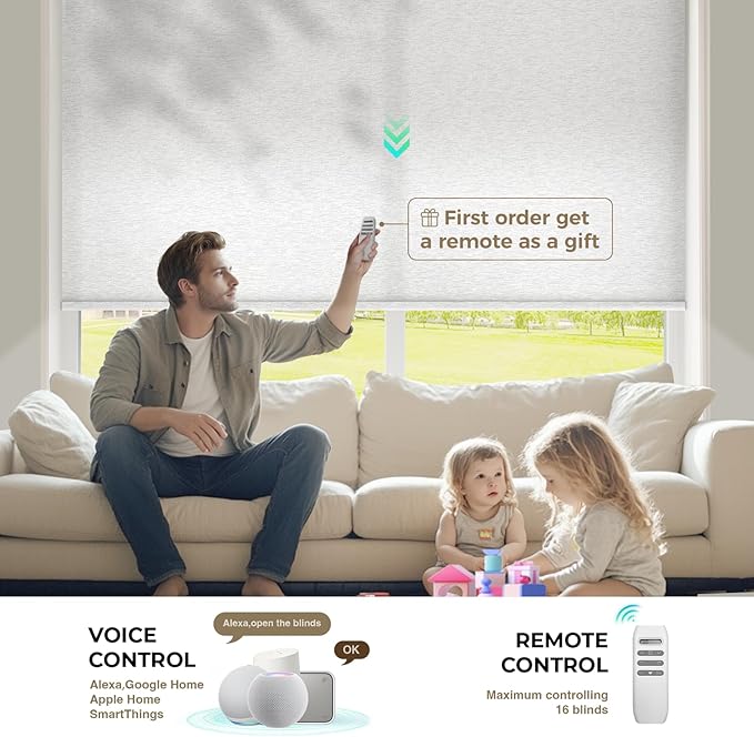 HeyBlinds Motorized Blinds with Remote, Smart Roller Shades with App&Voice Control, Work with Alexa Google HomeKit, Light Filtering Custom Shades for Living Room Office(Silver Lining-White Clouds LF)
