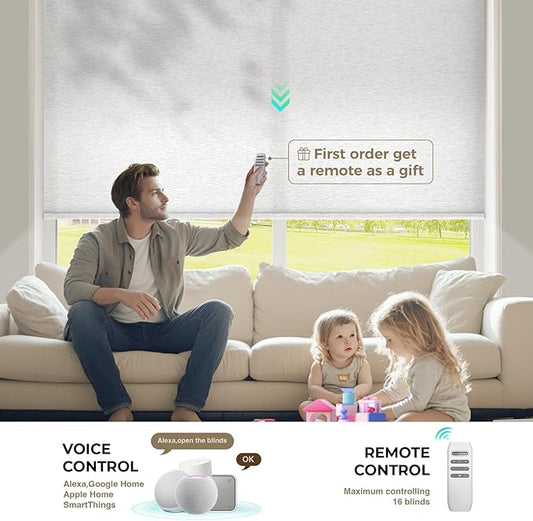 HeyBlinds Motorized Blinds with Remote, Smart Roller Shades with App&Voice Control, Work with Alexa Google HomeKit, Light Filtering Custom Shades for Living Room Office(Silver Lining-White Clouds LF)