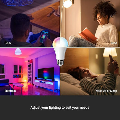 Leona Smart Bulb, RGB Color Changing +Tunable White, WiFi, E26 Base, 9W LED, 800 Lumens, App-Controlled, Voice Compatible, 2700K-6500K (4-Pack)